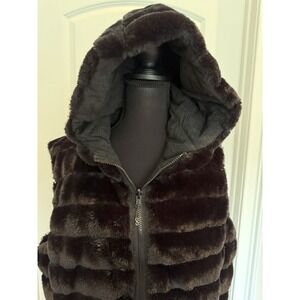 Black Faux Fur Hooded Vest Reversible Zip Up Sz XL Glam Layering Formal Party